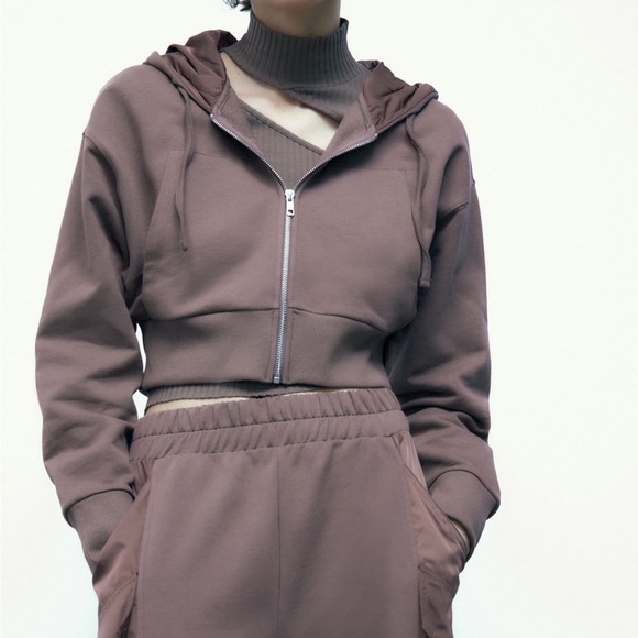 Zara limited edition cotton cropped hooded zipper sweatshirt - Picture 7 of 11